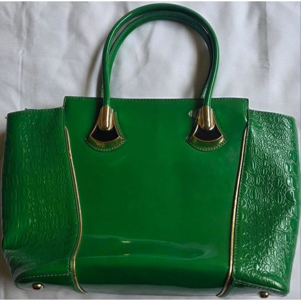 Emerald Green Patent Satchel Handbag Glossy Top Handle Bag Structured NWOT